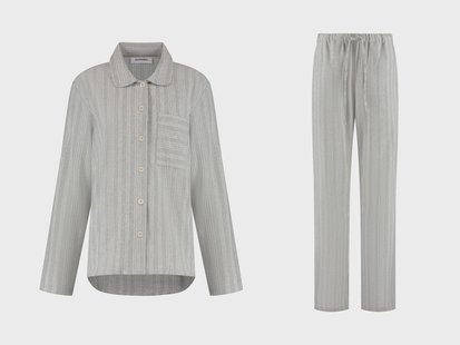 Yumeko Pyjamaset dames flanel light grey/white stripe 100% biologisch katoen, flanel (licht geborsteld)