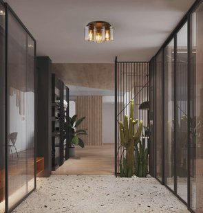 Searchlight Plafondlamp Zweden, 3-lamps, mokka/amber, staal, glas, E27