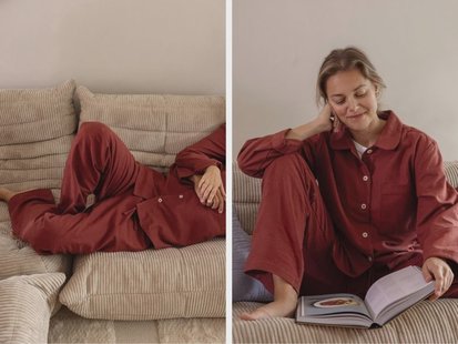 Yumeko Pyjamabroek dames flanel red velvet 100% biologisch katoen, flanel (licht geborsteld)