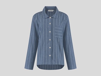 Yumeko Pyjamashirt dames flanel denim blue/white stripe 100% biologisch katoen, flanel (licht geborsteld)
