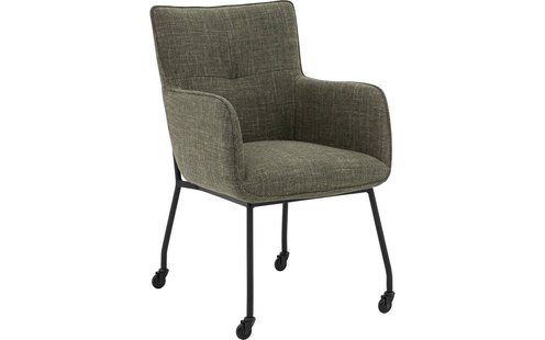 Goossens Eetkamerstoel Trullo groen stof met armleuning en met wielenmet zwarte skater wielen,