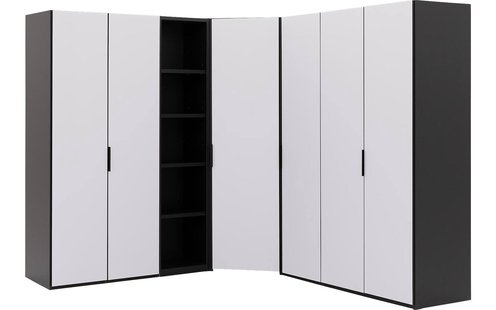 Goossens Excellent Kast Systeem Statement Compleet, 6 draaideuren, 50 cm breed rek, met hoekkast inloop 45 graden 255 cm breed 223 cm hoog 255 cm diep