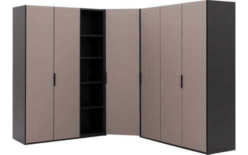 Goossens Excellent Kast Systeem Statement Compleet, 6 draaideuren, 50 cm breed rek, met hoekkast inloop 45 graden 255 cm breed 223 cm hoog 255 cm diep