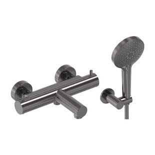 Badthermostaat Combiset MAY Incl. Verstelbare Wandsteun, Doucheslang 125 cm & 3-Standen Handdouche Geborsteld Carbon Black PVD