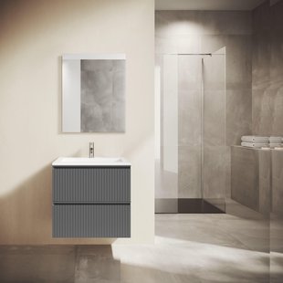 Saniclass Prime Blend Badkamermeubelset - 60x55x46cm - 1 rechthoekige keramische wasbak wit - 1 kraangat - 2 lades - rechthoekige spiegel - mat antraciet SW892640/SW804530/SW724610