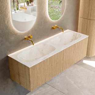 Mondiaz KURVE-DLUX 140 cm Onderkast Greeploos 2 Lades Zonder Deuren Oak, Wastafel Solid Surface Dubbel Frappe 0 Kraangaten Zonder Spiegel (KRVSTS1402L0D0KD-Oak/Fra)