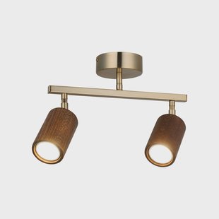 Lucea Legno plafondspot, 2-lamps, bruin/messing, hoogte 23 cm, hout