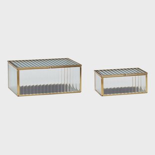 Hübsch Ripple glazen dozen, set van 2, glas, ijzer, messingkleurig