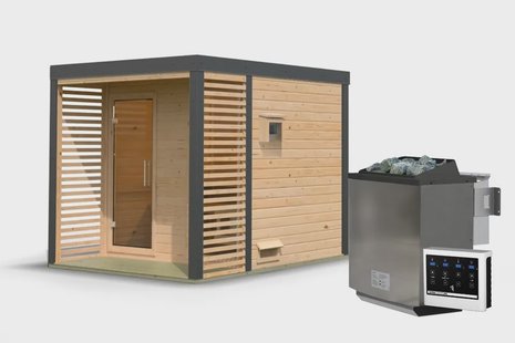 Karibu | Ares 2 Buitensauna | Onbehandeld-Antraciet | Biokachel 9 kW Externe Bediening