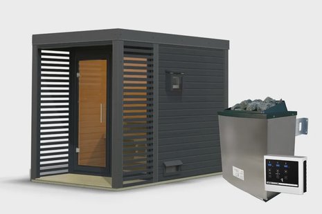 Karibu | Ares 2 Buitensauna | Antraciet-Antraciet | Kachel 9 kW Externe Bediening