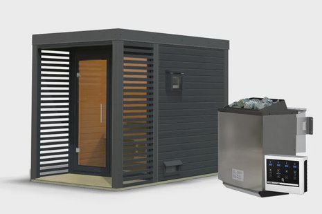 Karibu | Ares 2 Buitensauna | Antraciet-Antraciet | Biokachel 9 kW Externe Bediening