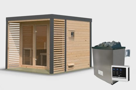 Karibu | Ares 3 Buitensauna | Onbehandeld-Antraciet | Kachel 9 kW Externe Bediening