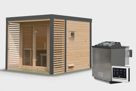 Karibu | Ares 3 Buitensauna | Onbehandeld-Antraciet | Biokachel 9 kW Externe Bediening