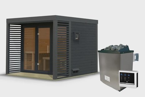 Karibu | Ares 3 Buitensauna | Antraciet-Antraciet | Kachel 9 kW Externe Bediening