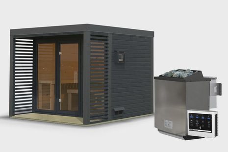 Karibu | Ares 3 Buitensauna | Antraciet-Antraciet | Biokachel 9 kW Externe Bediening