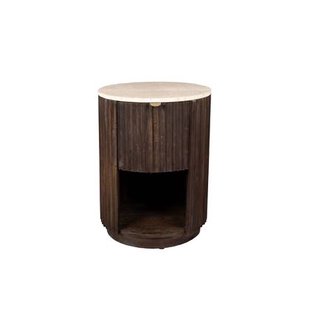 Dutchbone Marlow Bijzettafel|Nachtkastje Rond 45 cm Travertin| Hout - Bruin