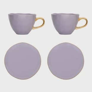 Urban Nature Culture Good Morning Kop Cappuccino/Thee en Bord Lila - Set van 4 - In Geschenkverpakking