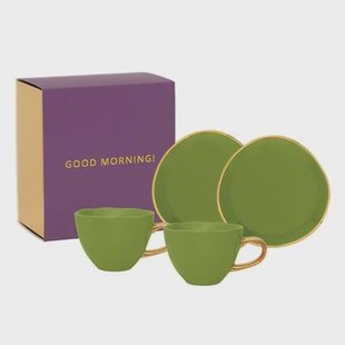 Urban Nature Culture Good Morning Kop Cappuccino/Thee en Bord Evergreen Sprig - Set van 4 - In Geschenkverpakking