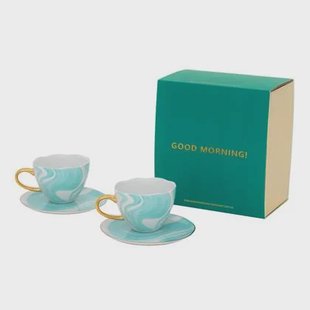 Urban Nature Culture Good Morning Kop Cappuccino/Thee en Bord Valuri Emerald Green - Set van 4 - In Geschenkverpakking
