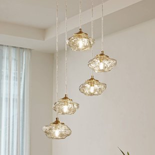 Lindby hanglamp Piatra, Ø45cm, 5-lamps, cognac/messing, glas