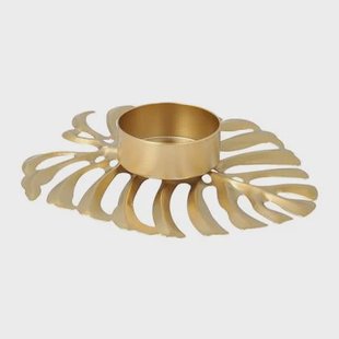 QUVIO Waxinelichthouder op een blad - 13 x 10 x 2 cm - Metaal - Goud