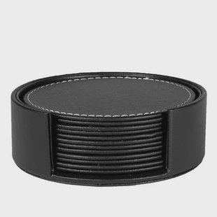 QUVIO 6 Leren onderzetters rond met houder - Zwart