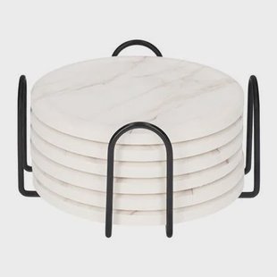 QUVIO Onderzetter set van 6 met houder - Marmer look - Wit