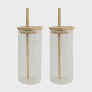 OTIX Drinkglazen met Bamboo Deksel met Rietje 2 Stuks 400 ml Waterg...