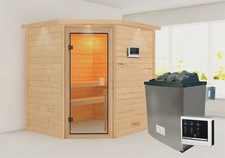 Karibu | Elea Sauna met Dakkraag | Kachel 9 kW Externe Bediening