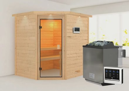 Karibu | Elea Sauna met Dakkraag | Biokachel 9 kW Externe Bediening