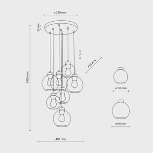 TK Lighting Hanglamp Cubus Mix, Ø 49 cm, 7-lamps, meerkleurig, glas, E27