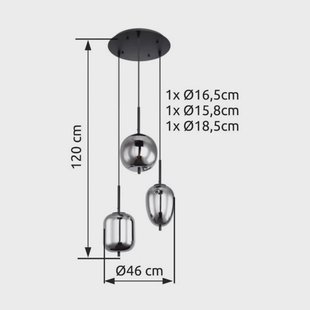 Globo Hanglamp Blacky, zwart/rookgrijs, Ø 46 cm, glas, 3-lamps.