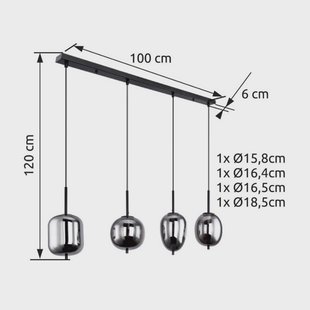 Globo Hanglamp Blacky, zwart/rookgrijs, lengte 110 cm, 4-lamps.