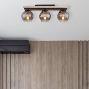 Globo Conni plafondlamp, lengte 60 cm, rookgrijs, hout/glas, 3-lamps.