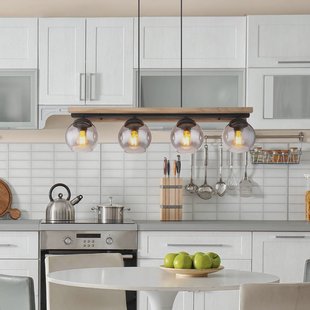 Globo Conni hanglamp, lengte 85 cm, rookgrijs, hout/glas, 4-lamps.