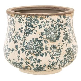Clayre & Eef Bloempot Ø 18x15 cm Beige Groen Keramiek Rond Bloemen Clayre & Eef Bloempot Ø 18x15 cm Beige Groen Keramiek Rond Bloemen