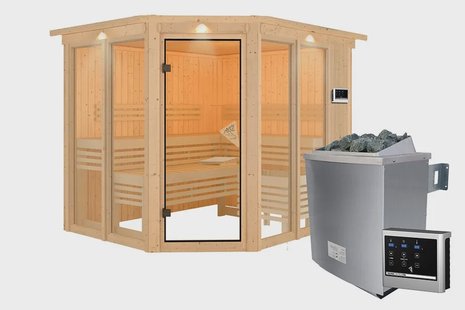 Karibu | Ainur 3 Sauna met Dakkraag | Kachel 9 kW Externe Bediening