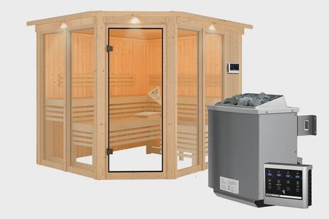 Karibu | Ainur 3 Sauna met Dakkraag | Biokachel 9 kW Externe Bediening