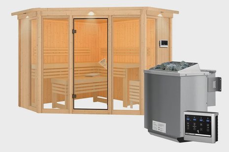 Karibu | Alcinda 2 Sauna met Dakkraag | Biokachel 9 kW Externe Bediening
