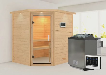 Karibu | Mia Sauna met Dakkraag | Helderglas Deur | Biokachel 9 kW Externe Bediening