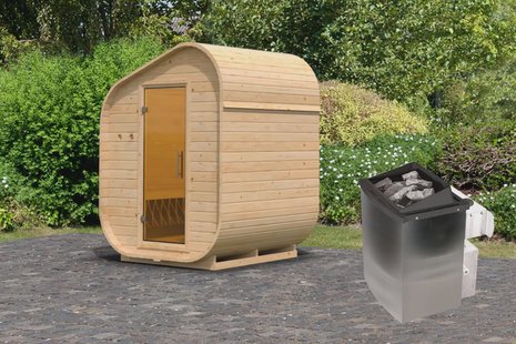 Karibu | Barrelsauna Asymmetrisch 1 | Kachel 9 kW Geïntegreerde Bediening