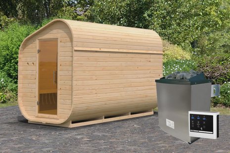 Karibu | Barrelsauna Asymmetrisch 3 | Kachel 9 kW Externe Bediening