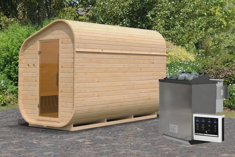 Karibu | Barrelsauna Asymmetrisch 3 | Biokachel 9 kW Externe Bediening