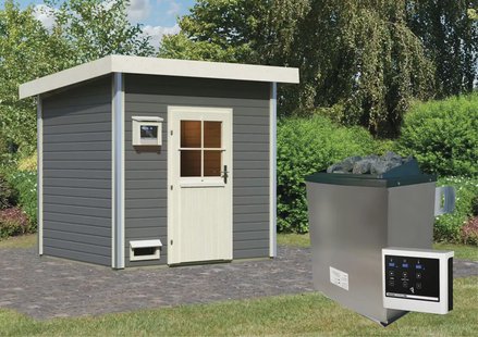 Karibu | Norge Buitensauna Terragrijs | Klassieke Deur | Kachel 9 kW Externe Bediening