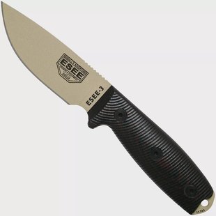 ESEE Model 3 Desert Tan Blade 3D Blood-Black G10 survivalmes 3PMDT-004 zwarte schede + riemclip