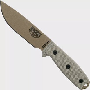 ESEE Model 4 dark earth blade, grey handle 4P-MB-DE met zwarte schede + clip en MOLLE-back
