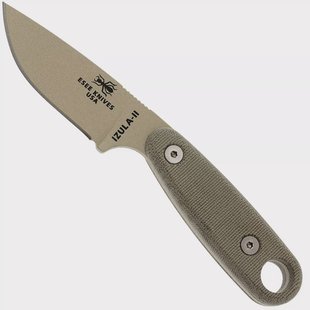 ESEE Izula II Desert Tan IZULA-II-DT survivalmes met zwarte schede + riemclip