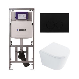 QeramiQ Dely Toiletset - 36.3x51.7cm - diepspoel - rimless - Geberit UP320 inbouwreservoir - met Burda frame - softclose toilet zitting 35 mm - kunststof mat zwarte bedieningsplaat - ronde knoppen - wit glans SW1026255 / SW1159505/0701131/SW706188