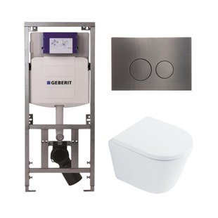 QeramiQ Dely Toiletset - 36.3x51.7cm - diepspoel - rimless - Geberit UP320 inbouwreservoir - met Burda frame - softclose toilet zitting 35 mm - gunmetal bedieningsplaat - ronde knoppen - wit glans SW1026255 / SW1159505/0701131/SW706198