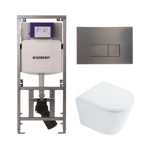 QeramiQ Dely Toiletset - 36.3x51.7cm - diepspoel - rimless - Geberit UP320 inbouwreservoir - met Burda frame - softclose toilet zitting 35 mm - gunmetal bedieningsplaat - rechthoekige knoppen - wit glans SW1026255 / SW1159505/0701131/SW706199